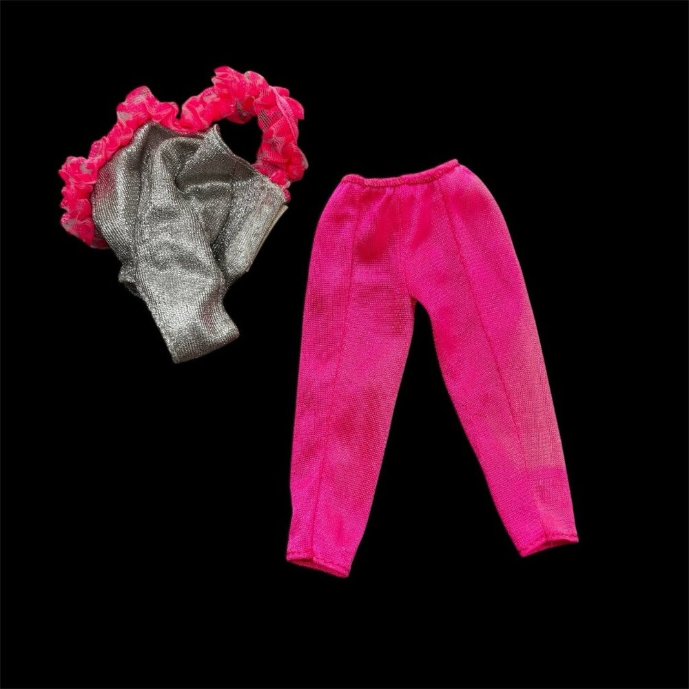Vintage 80s 90s Barbie Clothes Silver Pink Swimsuit & Leggings Pants Neon Outfit